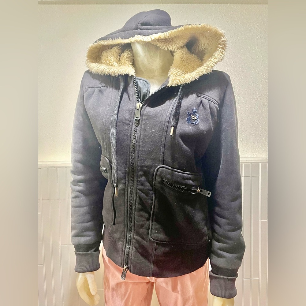 Diesel Black Hooded Jacket with Fur Sherpa Lining